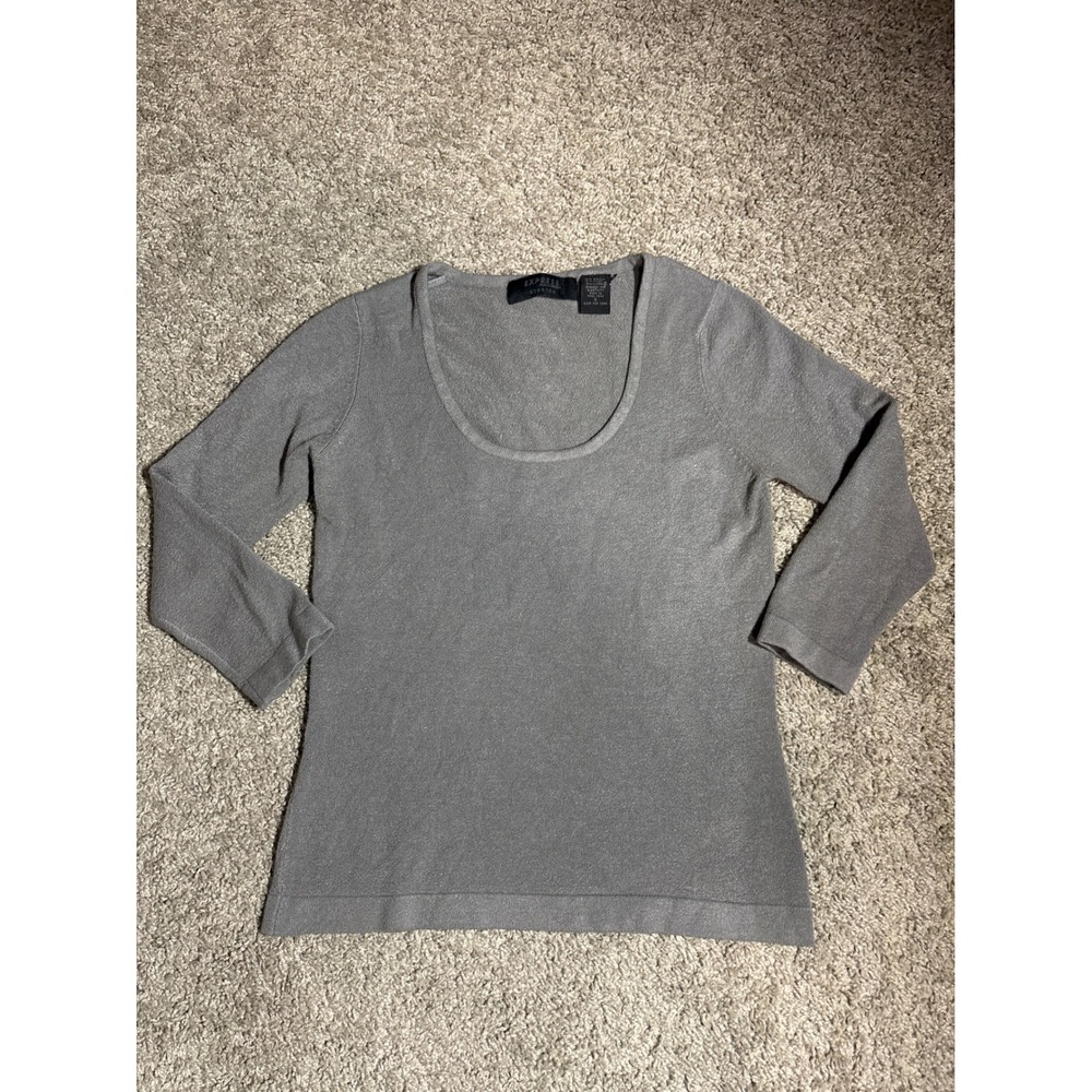 Express Stretch Gray Scoop Neck 3/4 Sleeve Knit Shirt Small Silk Blend vintage